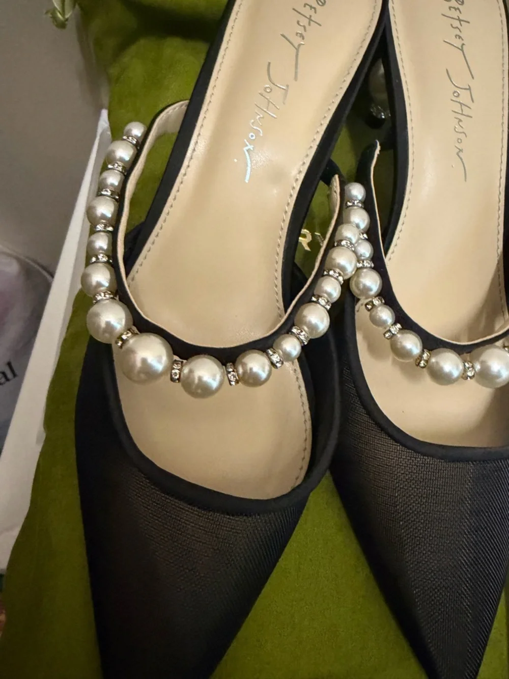 Betsey Johnson Black Pointed Mesh Mules with Pearl Strap - Picture 2 of 7